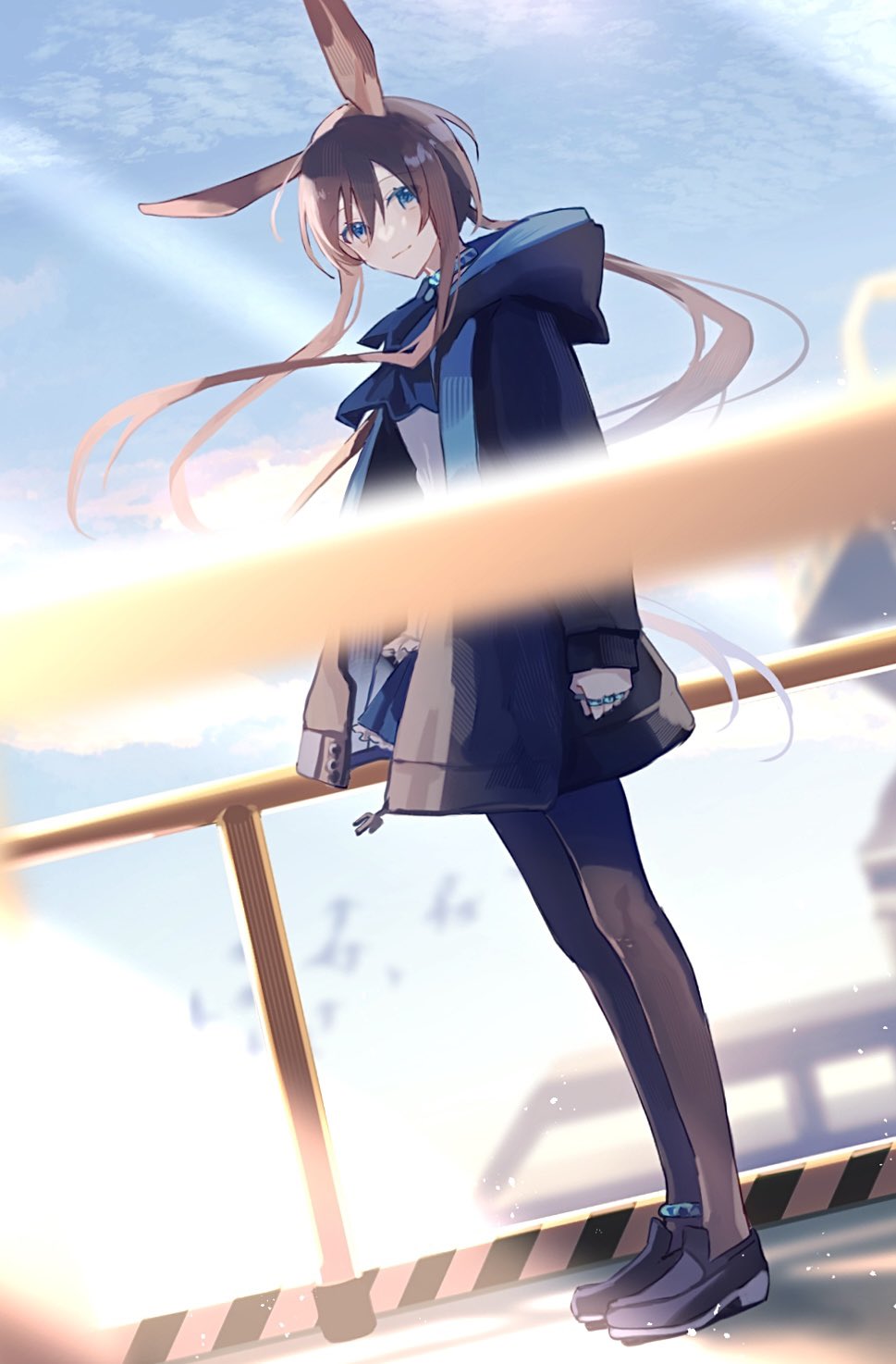 1girl amiya_(arknights) animal_ears arknights ascot black_footwear black_jacket black_pantyhose blue_ascot blue_collar blue_skirt blue_sky brown_hair collar day floating_hair frilled_skirt frills full_body highres hood hood_down hooded_jacket jacket jewelry long_hair looking_at_viewer multiple_rings neck_ring open_clothes open_jacket outdoors pantyhose ponytail rabbit_ears rabbit_girl railing ring shinooooo22 shirt shoes sidelocks skirt sky smile solo standing very_long_hair white_shirt