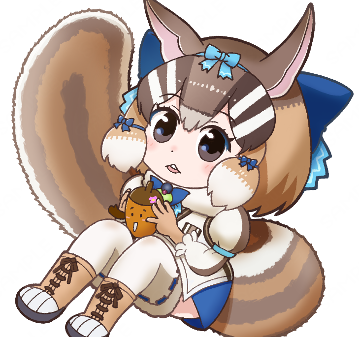 1girl animal_costume animal_ear_fluff animal_ears boots bow bowtie brown_eyes brown_hair chipmunk_costume chipmunk_ears chipmunk_girl chipmunk_tail extra_ears hissaa_(hisser) kemono_friends kemono_friends_v_project kneehighs looking_at_viewer microphone multicolored_hair ribbon scarf shirt short_hair shorts siberian_chipmunk_(kemono_friends) simple_background socks solo tail vest virtual_youtuber white_hair