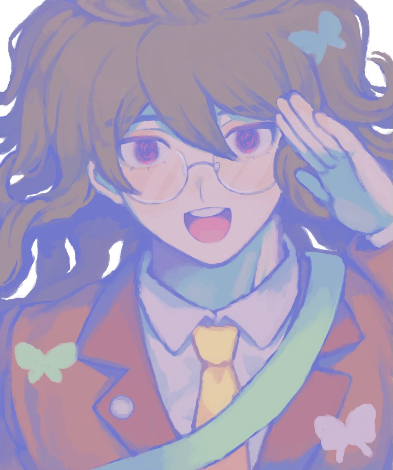 1boy :d bangs brown_jacket bug butterfly collared_shirt danganronpa_(series) danganronpa_v3:_killing_harmony glasses gokuhara_gonta grey_shirt hair_between_eyes highres jacket male_focus necktie ototoi_(robosabe) portrait round_eyewear shirt smile solo teeth upper_teeth yellow_necktie