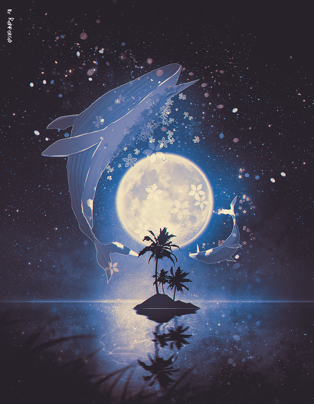 clouds cloudy_sky fantasy fish flying flying_fish flying_whale full_moon highres island moon night night_sky original reinforced scenery sky star_(sky) starry_sky whale