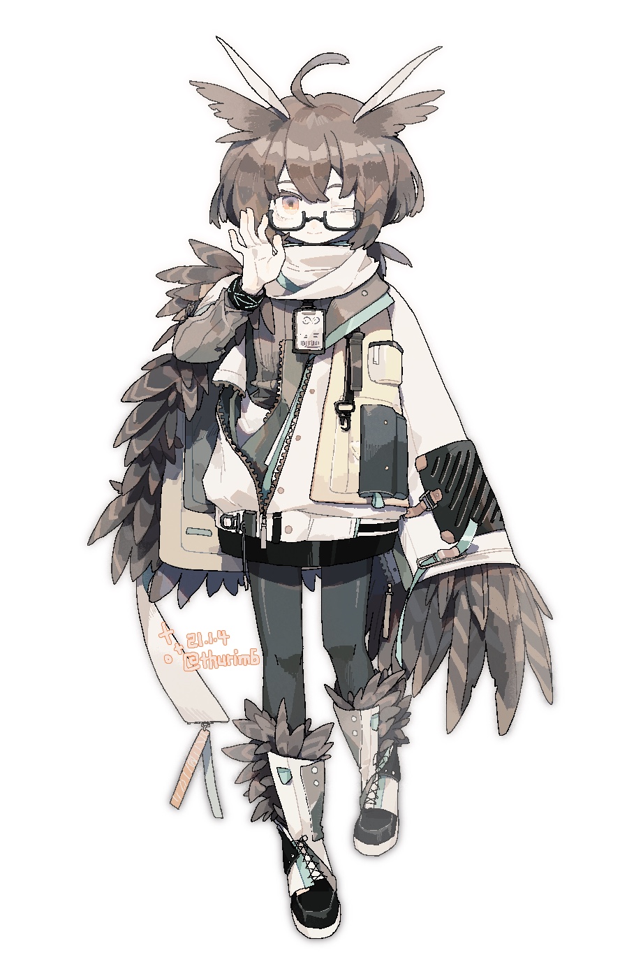 1girl ahoge arknights black-framed_eyewear black_pantyhose boots brown_eyes brown_hair brown_sweater dated feather_trim feathers full_body glasses hand_on_eyewear highres id_card jacket looking_at_viewer official_alternate_costume one_eye_closed open_clothes open_jacket owl_ears pantyhose rhine_lab_logo ribbed_sweater semi-rimless_eyewear short_hair silence_(arknights) silence_(frosted_breath)_(arknights) simple_background smile solo standing sweater thurim6 twitter_username under-rim_eyewear white_background white_footwear white_jacket