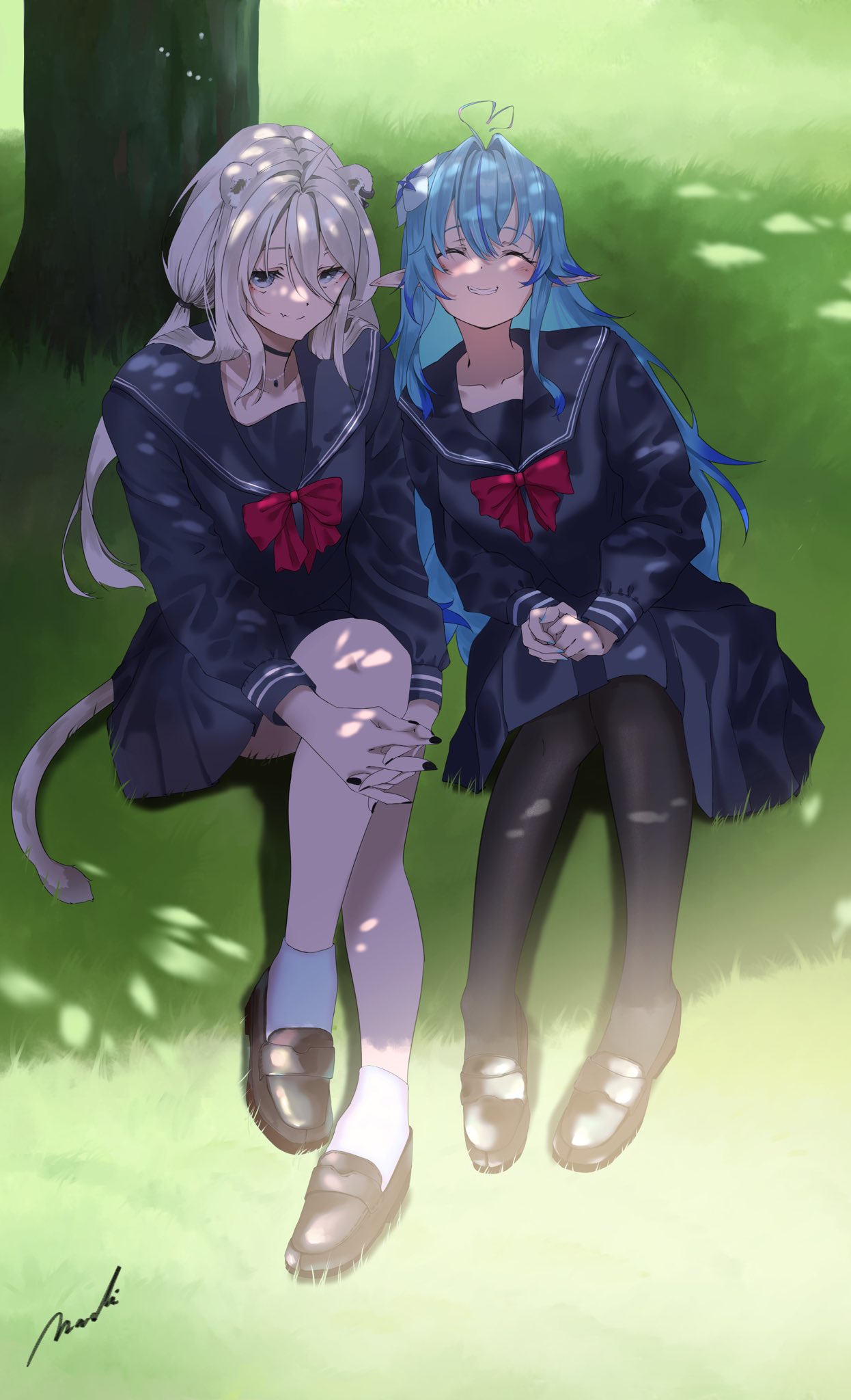 2girls ahoge alternate_costume animal_ears black_choker black_footwear black_nails black_pantyhose black_shirt black_skirt blue_hair blue_nails blush bow bowtie choker closed_eyes closed_mouth commentary dappled_sunlight day fang flower full_body grass grey_eyes grey_hair grin hair_between_eyes hair_flower hair_intakes hair_ornament heart heart_ahoge highres hololive light_blue_hair lion_ears lion_girl lion_tail loafers long_hair long_sleeves looking_at_viewer machi_space miniskirt multicolored_hair multiple_girls nail_polish outdoors own_hands_clasped own_hands_together pantyhose pleated_skirt pointy_ears red_bow red_bowtie sailor_collar school_uniform serafuku shade shirt shishiro_botan shoes sidelocks signature sitting skin_fang skirt smile socks streaked_hair sunlight tail teeth tree two-tone_hair virtual_youtuber white_socks yukihana_lamy