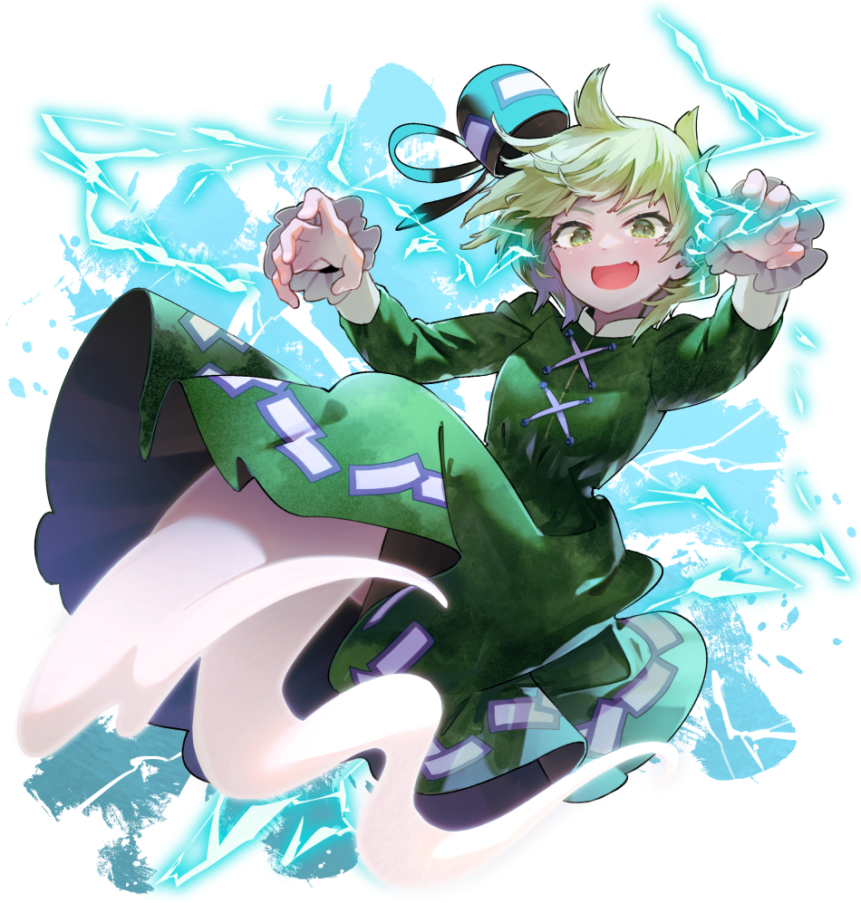 1girl black_headwear blush character_name cross-laced_clothes dress electricity fang ghost_tail green_dress green_eyes green_hair hat long_sleeves ofuda ofuda_on_clothes open_mouth short_hair simple_background skin_fang smile soga_no_tojiko solo syuri22 tate_eboshi touhou white_background