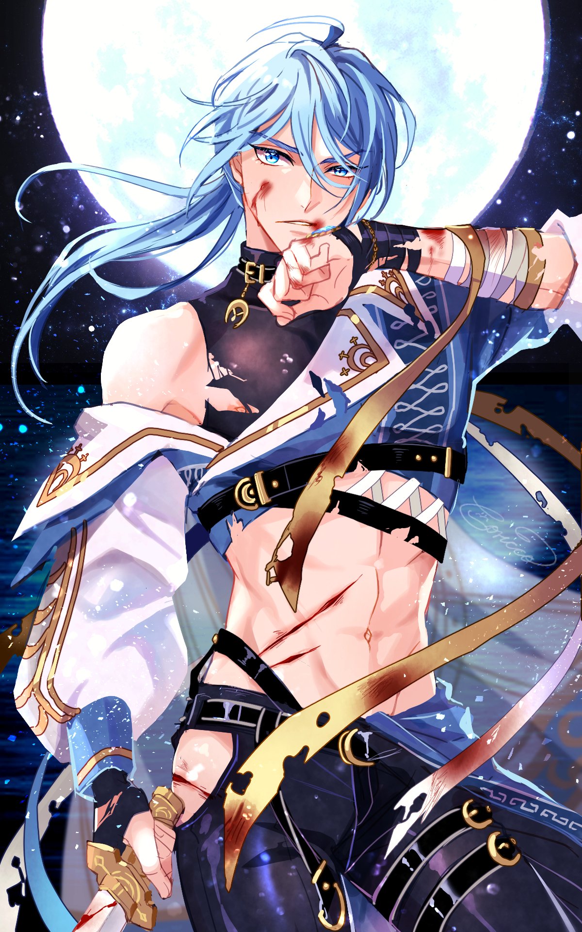1boy bleeding blood blood_on_face blue_eyes blue_hair clothing_cutout edmond_(nu_carnival) full_moon highres holding holding_sword holding_weapon injury light_blue_hair long_hair long_sleeves looking_at_viewer low_ponytail male_focus mobugorilla moon nu_carnival solo sword torn_clothes weapon