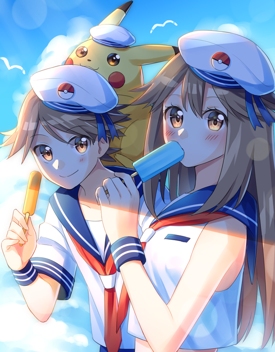 1boy 1girl alternate_costume bangs bird blush brown_eyes brown_hair closed_mouth clouds commentary_request day eating food hand_up hat holding leaf_(pokemon) long_hair looking_at_viewer outdoors pikachu pokemon pokemon_(creature) pokemon_(game) pokemon_frlg popsicle red_(pokemon) scbstella shiny shiny_hair shirt short_sleeves sky smile upper_body white_headwear white_shirt wingull wristband