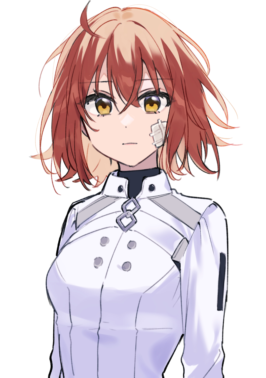 1girl ahoge bandage_on_face bandages bangs breasts chaldea_uniform closed_mouth commentary_request dot_nose fate/grand_order fate_(series) fujimaru_ritsuka_(female) hair_between_eyes highres looking_at_viewer medium_hair orange_hair rizu033 simple_background solo upper_body yellow_eyes