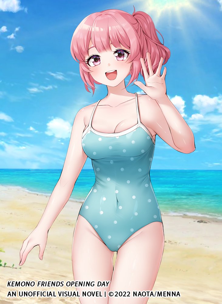 1girl alternate_costume bare_shoulders blue_one-piece_swimsuit blush commentary cowboy_shot kemono_friends looking_at_viewer menna_(0012) nana_(kemono_friends) one-piece_swimsuit open_mouth pink_eyes pink_hair polka_dot polka_dot_swimsuit short_hair side_ponytail smile solo spaghetti_strap swimsuit waving