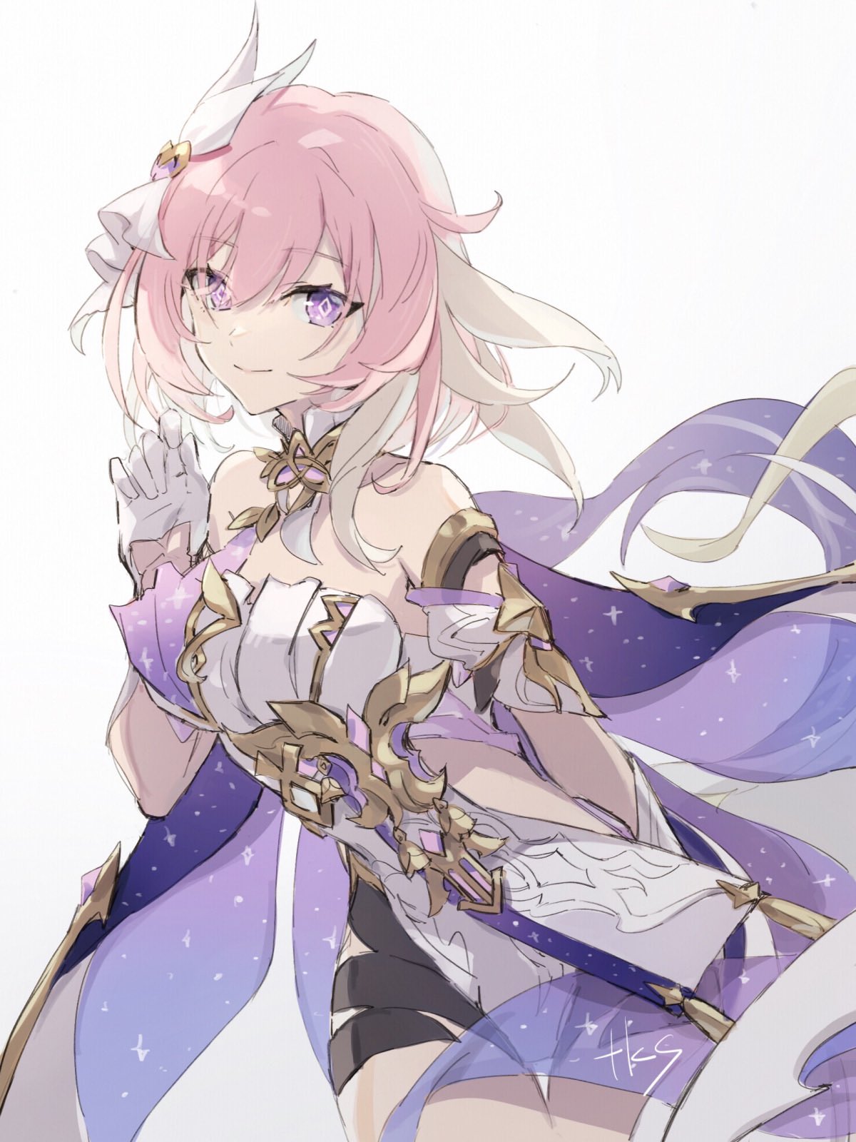 1girl bangs bare_shoulders closed_mouth diamond-shaped_pupils diamond_(shape) dress elf elysia_(herrscher_of_human:ego) elysia_(honkai_impact) gloves hair_ornament highres honkai_(series) honkai_impact_3rd looking_at_viewer pink_eyes pink_hair pointy_ears simple_background smile solo symbol-shaped_pupils takase_(takase1214) white_background white_dress white_gloves