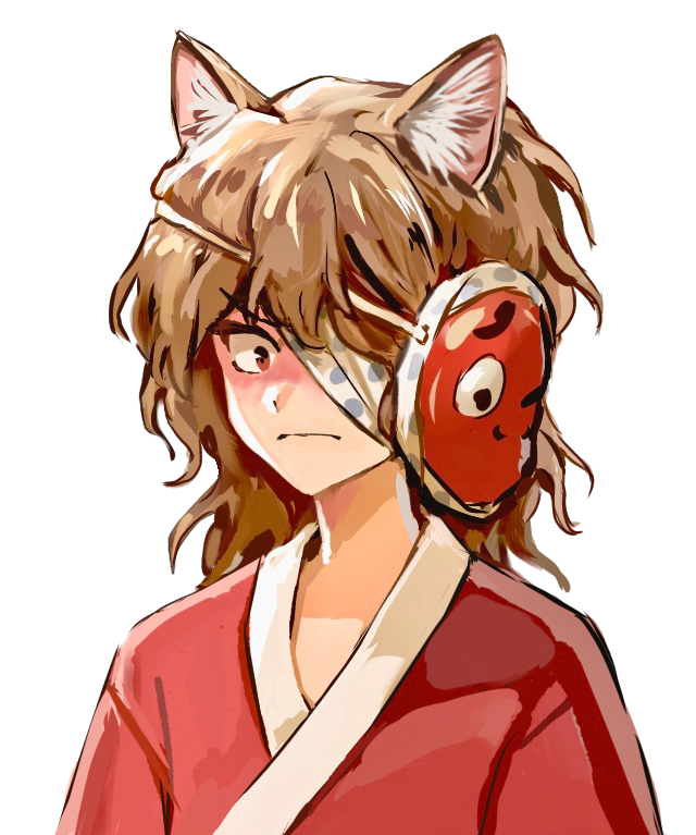 1other ametsukana_yago androgynous animal_ears bandage_over_one_eye blush brilliant_pagoda_or_haze_castle brown_hair cat_ears closed_mouth commentary_request frown hemo_(hemoroda) japanese_clothes kemonomimi_mode kimono len'en long_hair mask mask_on_head portrait red_eyes red_kimono simple_background solo white_background