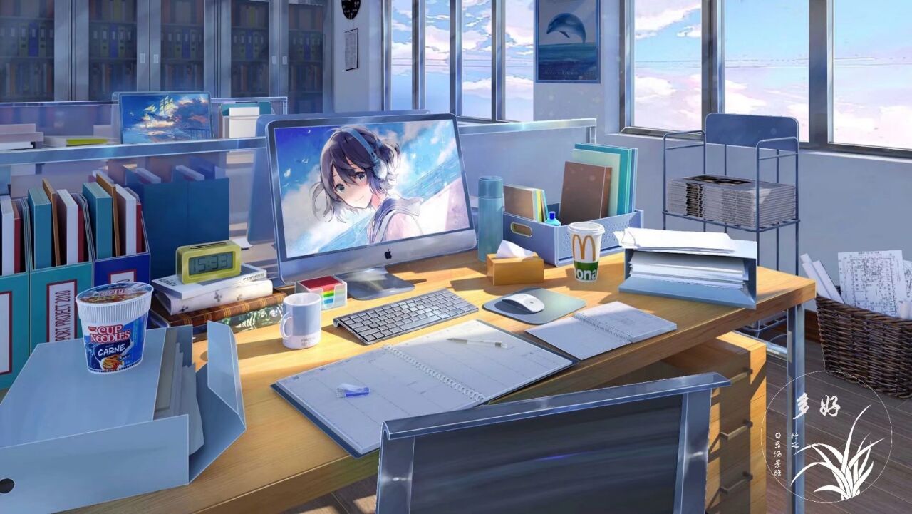 1girl basket binder chair coffee_cup computer cup cup_noodle day desk disposable_cup keyboard_(computer) monitor mouse_(computer) no_humans notebook office original paper ramen sunlight window xingzhi_lv