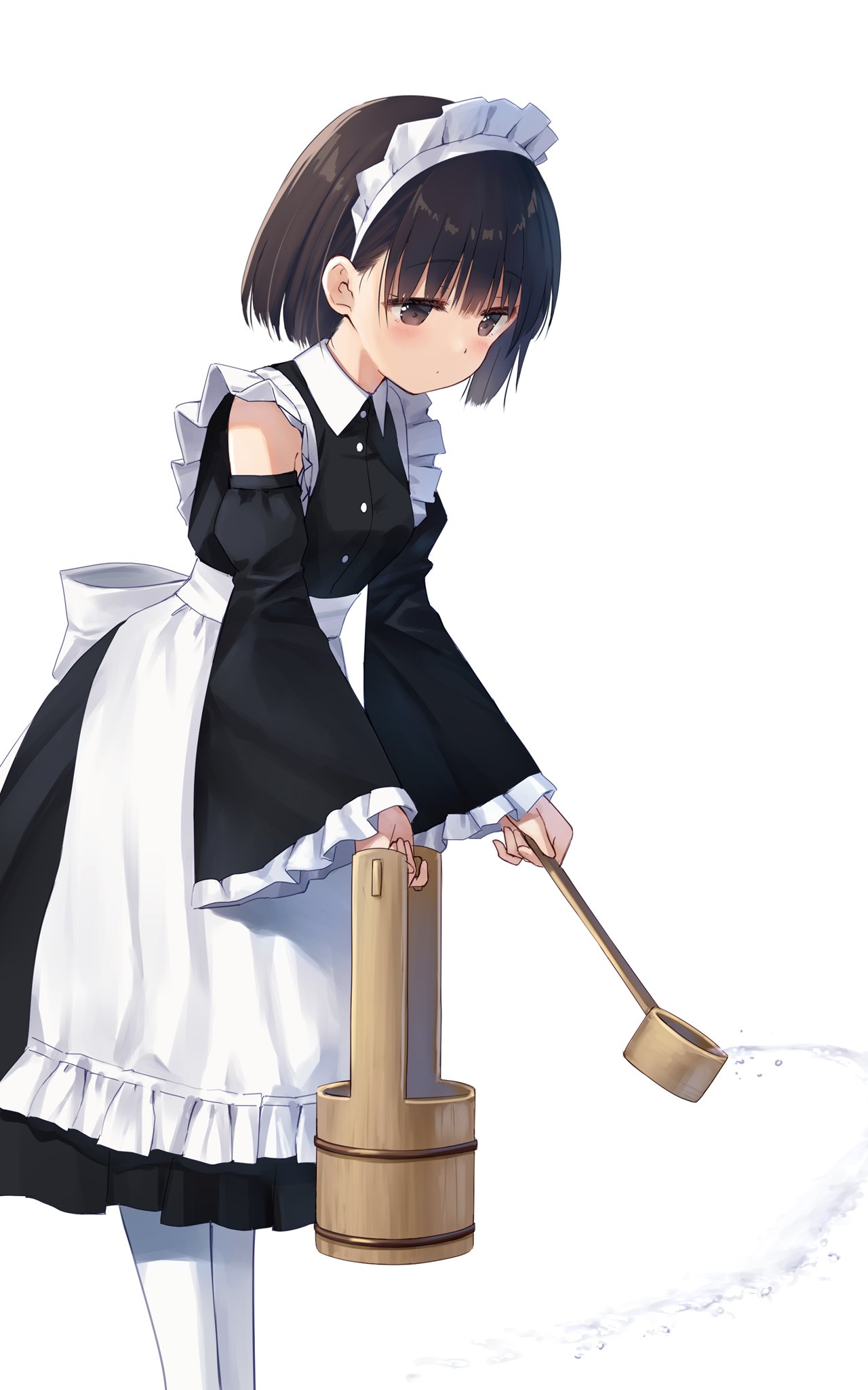 1girl apron bangs black_eyes black_hair bow breasts bucket closed_mouth detached_sleeves feet_out_of_frame frilled_apron frilled_sleeves frills highres holding holding_bucket looking_down maid maid_apron maid_headdress na-ga original pantyhose short_hair simple_background small_breasts solo standing waist_apron water watering white_apron white_background white_pantyhose wide_sleeves wooden_bucket