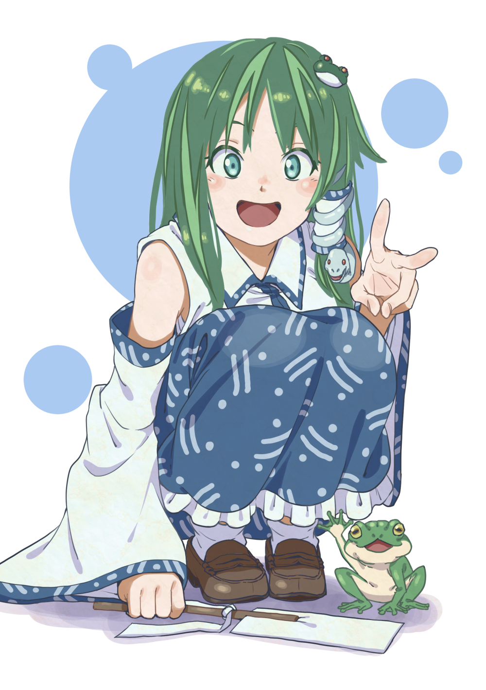 1girl aqua_eyes blue_skirt blush brown_footwear collared_shirt detached_sleeves frog frog_hair_ornament full_body gohei green_hair hair_ornament hair_tubes highres inuno_rakugaki kochiya_sanae loafers looking_at_viewer open_mouth rock_paper_scissors shirt shoes skirt smile snake_hair_ornament socks squatting touhou v waving white_shirt