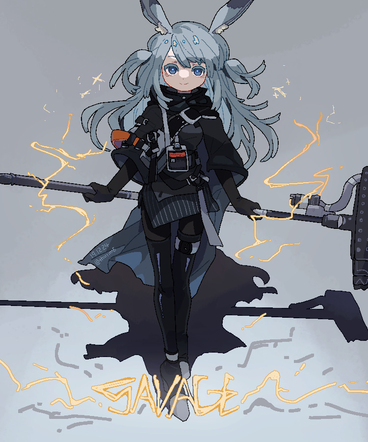 1girl animal_ears arknights black_gloves black_jacket black_pants black_skirt character_name electricity full_body gloves grey_eyes grey_hair holding holding_weapon id_card jacket long_hair long_sleeves looking_at_viewer pants rabbit_ears rabbit_girl savage_(arknights) skirt smile solo standing thurim6 two_side_up war_hammer weapon