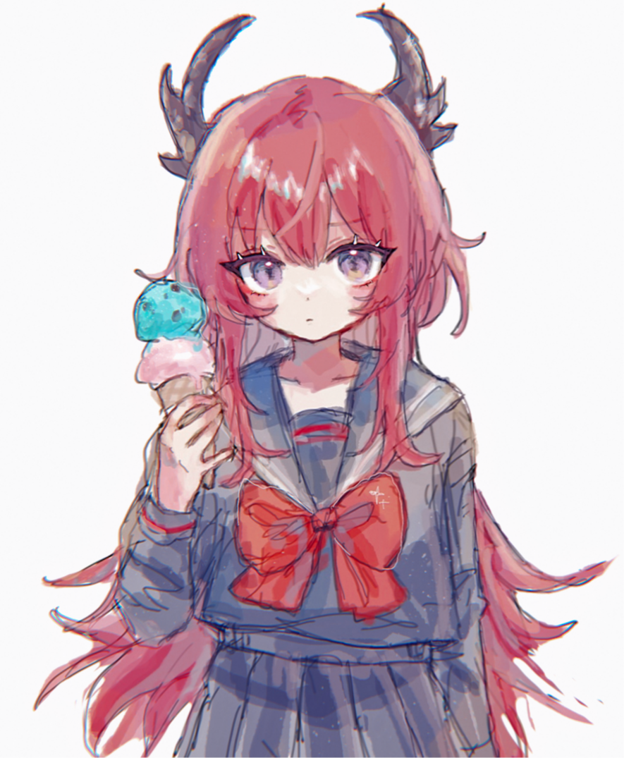 1girl alternate_costume arknights black_serafuku black_skirt bow bowtie cowboy_shot demon_girl demon_horns hand_up holding_ice_cream horns long_hair long_sleeves looking_at_viewer morita_(pixiv31883607) pleated_skirt red_bow red_bowtie redhead school_uniform serafuku simple_background sketch skirt solo surtr_(arknights) very_long_hair violet_eyes white_background