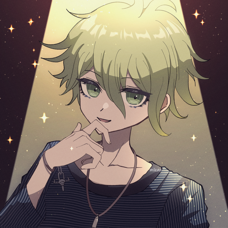 1boy :d amami_rantarou artist_name bangs bracelet brown_background collarbone danganronpa_(series) danganronpa_v3:_killing_harmony gradient gradient_background green_eyes green_hair hair_between_eyes hand_up jewelry messy_hair mikao_(eanv5385) necklace open_mouth shiny shiny_hair shirt short_hair smile solo striped striped_shirt