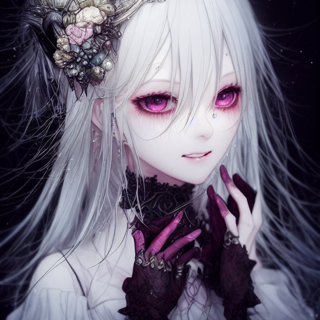 1girl ai-generated fantasy gothic gothic_lolita lolita_fashion long_hair original pale_skin proto_jp straight_hair violet_eyes white_hair