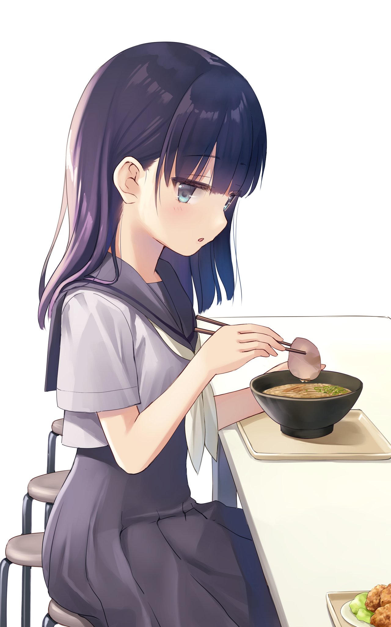 1girl :o bangs black_dress bowl chopsticks cowboy_shot dress food from_side grey_eyes hand_on_table hand_up highres holding holding_chopsticks long_hair looking_at_viewer na-ga noodles open_mouth original plate pleated_dress purple_hair ramen school_uniform serafuku shirt short_sleeves simple_background sitting solo stool table tray white_background white_shirt