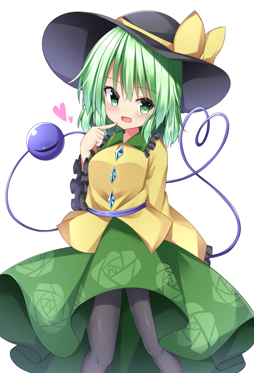 1girl :d bangs black_headwear black_pantyhose blouse blush bow breasts buttons diamond_button eyeball feet_out_of_frame finger_to_cheek floral_print frilled_shirt_collar frilled_sleeves frills green_eyes green_hair green_skirt hand_up hat hat_bow hat_ribbon highres index_finger_raised komeiji_koishi long_sleeves looking_at_viewer medium_breasts medium_hair open_mouth pantyhose ribbon rose_print sabana shirt simple_background skirt smile solo third_eye touhou white_background wide_sleeves yellow_bow yellow_ribbon yellow_shirt