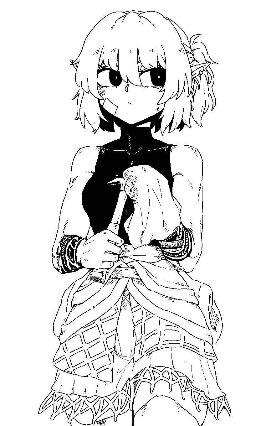 1girl arm_warmers bangs bare_shoulders closed_mouth cowboy_shot expressionless formicid greyscale hair_between_eyes half_updo highres looking_to_the_side mizuhashi_parsee monochrome pointy_ears shirt short_hair simple_background sleeveless sleeveless_shirt sleeveless_turtleneck solo touhou turtleneck white_background