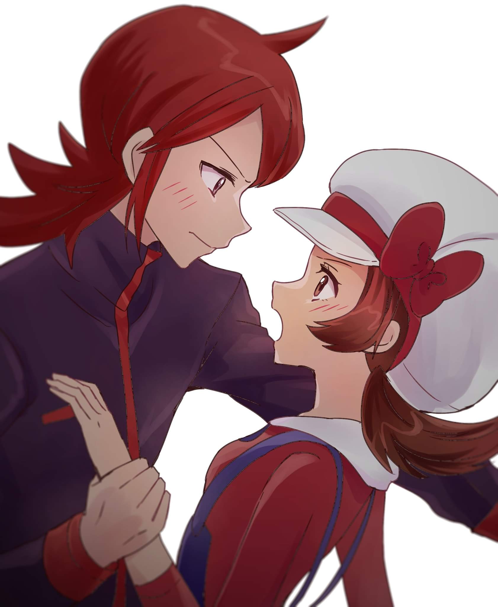 1boy 1girl bad_id bad_twitter_id blush brown_eyes brown_hair cabbie_hat enamo_(dcah) eye_contact hat highres jacket looking_at_another lyra_(pokemon) open_mouth overalls pokemon pokemon_(game) pokemon_hgss red_eyes redhead silver_(pokemon) twintails upper_body white_background