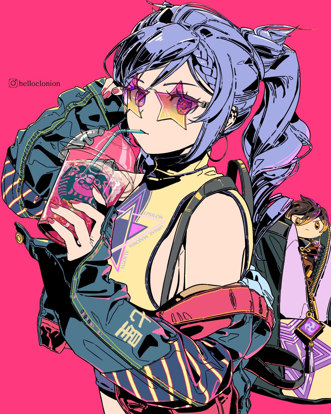 1girl backpack bag bangs braid character_doll clonion cup disposable_cup drinking_straw drinking_straw_in_mouth ear_piercing earrings genshin_impact highres jacket jewelry keqing_(genshin_impact) looking_at_viewer nail_polish open_clothes open_jacket piercing pink_nails ponytail purple_hair shirt shorts single_braid sleeveless sleeveless_shirt solo starbucks twintails violet_eyes zhongli_(genshin_impact)