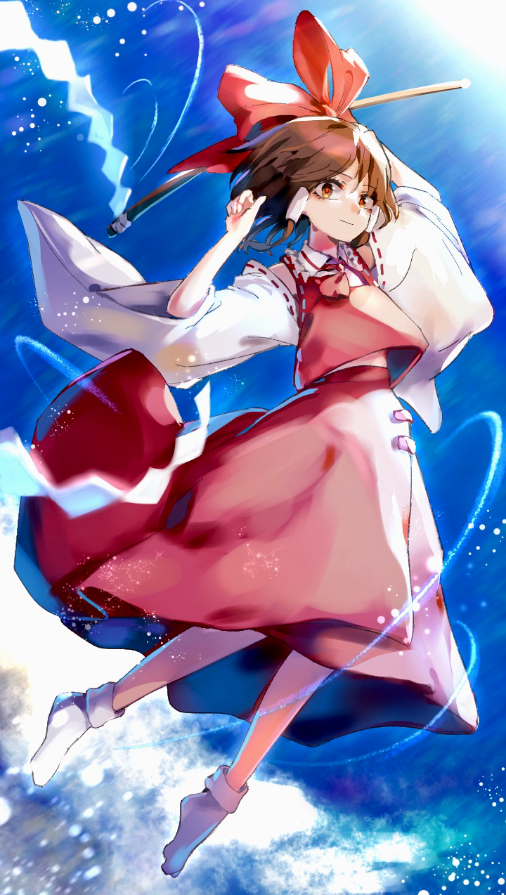 1girl ascot bow brown_eyes brown_hair closed_mouth commentary_request detached_sleeves full_body hair_bow hair_tubes hakurei_reimu hemo_(hemoroda) highres long_sleeves nontraditional_miko orange_pupils red_ascot red_bow red_shirt red_skirt shirt short_hair skirt sleeveless sleeveless_shirt smile socks solo touhou white_sleeves white_socks