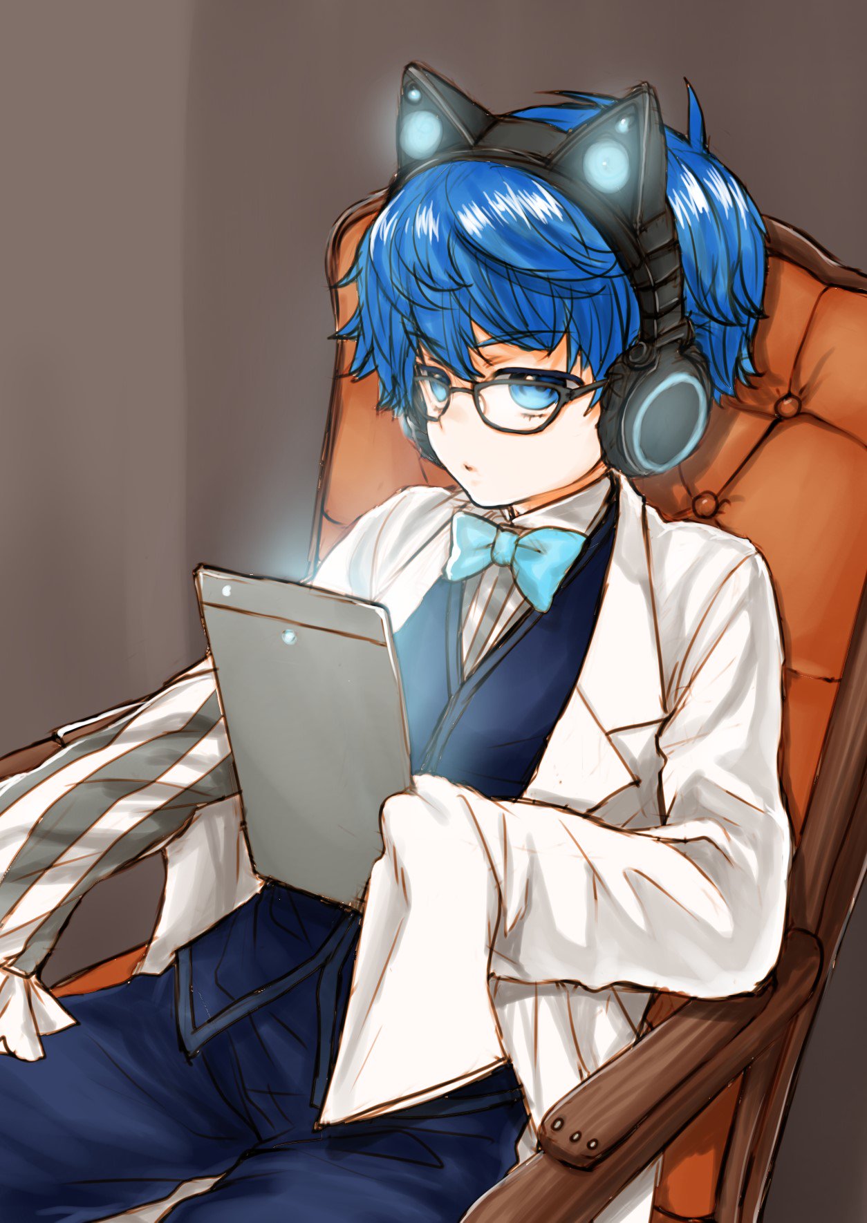 1boy blue_bow blue_bowtie bow bowtie chair coat fate/extra fate/extra_ccc fate_(series) glasses hans_christian_andersen_(fate) headphones highres kutouten male_focus sitting sleeves_past_fingers sleeves_past_wrists solo tablet_pc traditional_bowtie white_coat