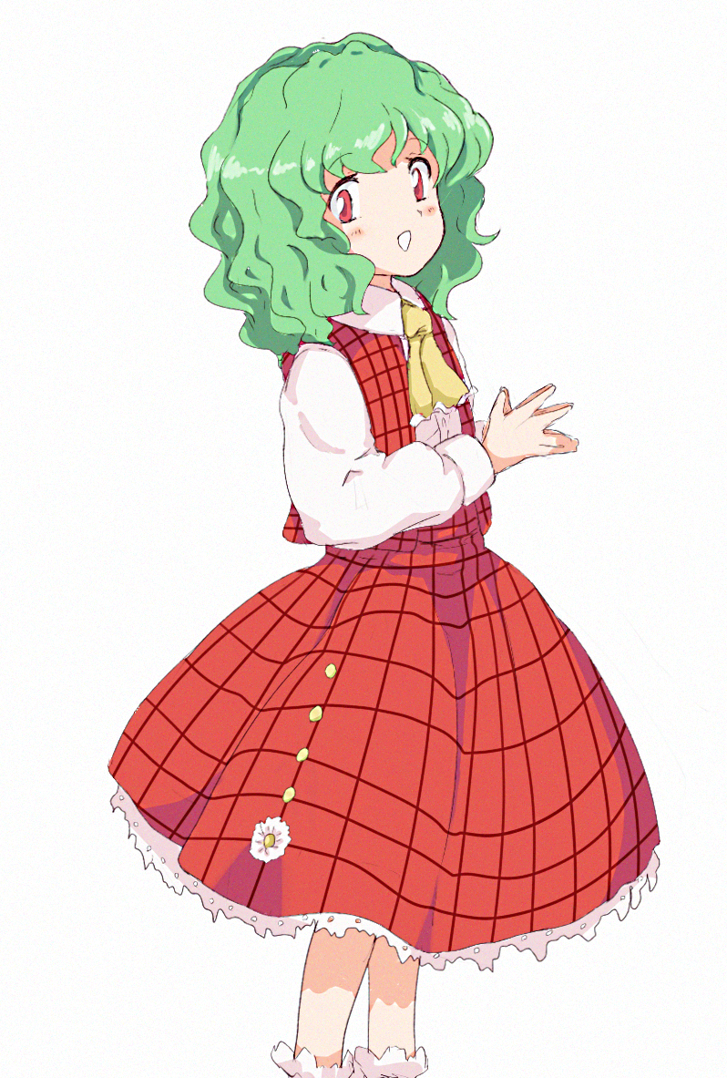 1girl :d aged_down ascot child commentary feet_out_of_frame female_child green_hair kazami_yuuka long_sleeves looking_at_viewer medium_hair own_hands_together plaid plaid_skirt plaid_vest red_eyes red_skirt red_vest ripu_(lipi) shirt simple_background skirt smile socks solo standing touhou vest wavy_hair white_background white_shirt white_socks yellow_ascot