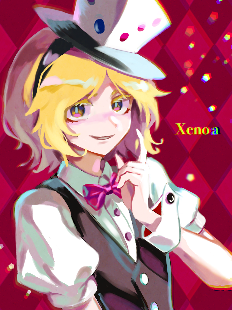 1other androgynous bangs black_vest blonde_hair bow bowtie brilliant_pagoda_or_haze_castle character_name collared_shirt colored_eyelashes commentary_request dice_hair_ornament hair_ornament hand_up hemo_(hemoroda) len'en pink_bow pink_bowtie puffy_short_sleeves puffy_sleeves shirt short_hair short_sleeves smile solo upper_body vest white_shirt wrist_cuffs xeno_a yellow_eyes