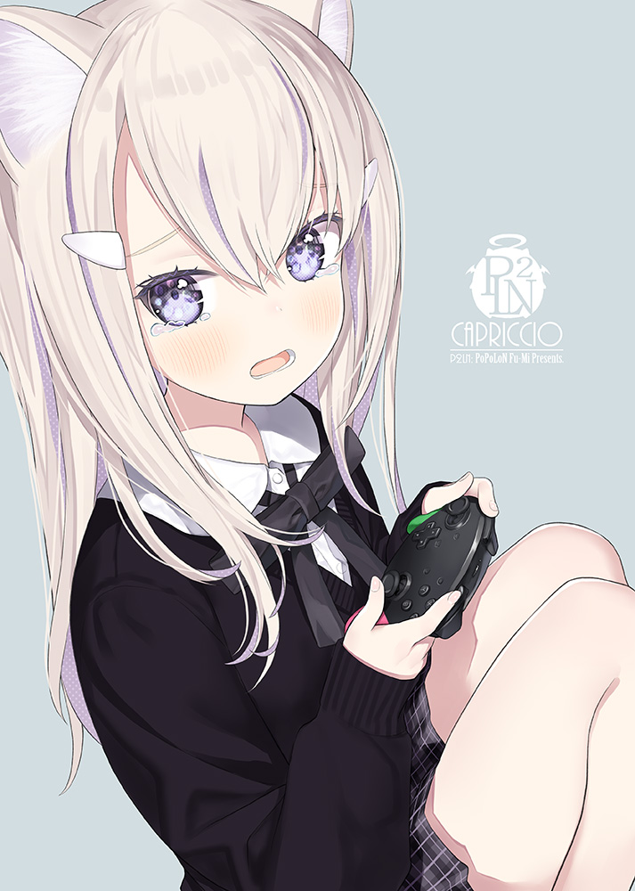 1girl animal_ear_fluff animal_ears black_bow black_sweater blonde_hair bow capriccio collared_shirt commentary_request controller dress_shirt feet_out_of_frame game_controller grey_background grey_skirt hair_ornament hairclip hands_up holding knees_up long_hair looking_at_viewer multicolored_hair open_mouth original plaid plaid_skirt pleated_skirt purple_hair school_uniform shirt simple_background skirt solo streaked_hair sweater tears violet_eyes white_shirt