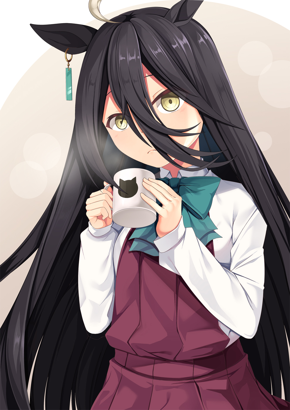 1girl ahoge animal_ears aqua_bow aqua_bowtie bangs black_hair bow bowtie closed_mouth coffee_mug collared_shirt commentary_request cosplay cowboy_shot cup dress ear_piercing earrings hair_between_eyes hayashimo_(kancolle) hayashimo_(kancolle)_(cosplay) highres holding holding_cup horse_ears horse_girl jewelry kantai_collection long_bangs long_hair long_sleeves looking_at_viewer manhattan_cafe_(umamusume) mug multicolored_hair partial_commentary piercing red_dress school_uniform shirt sidelocks simple_background single_earring solo standing steam umamusume very_long_hair white_hair white_shirt yasume_yukito yellow_eyes