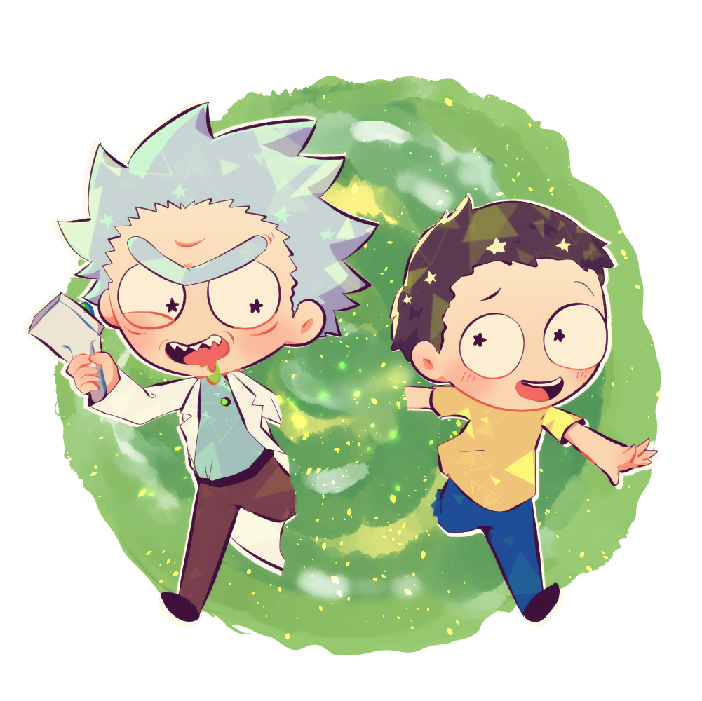 2boys brown_hair chibi coat grandfather_and_grandson labcoat messy_hair morty_smith multiple_boys portal_(object) rick_and_morty rick_sanchez shirt short_hair spiky_hair unibrow user_krry3534 white_coat white_hair yellow_shirt