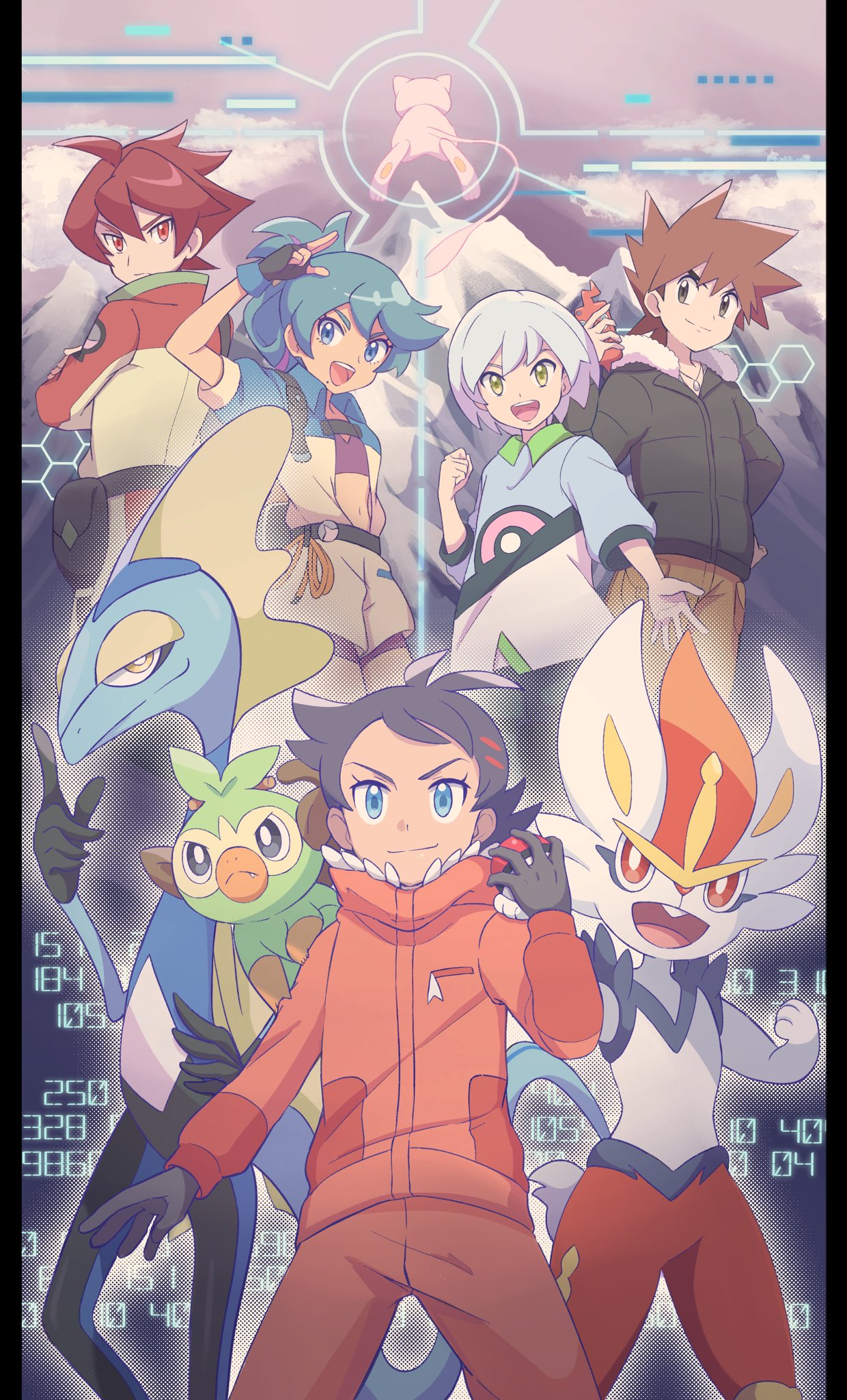 1girl 4boys ahoge antenna_hair bangs black_hair blue_eyes cinderace closed_mouth danika_(pokemon) expedition_uniform gary_oak gloves goh_(pokemon) grookey hand_up highres holding holding_poke_ball horace_(pokemon) inteleon jacket long_sleeves mei_(maysroom) mew mountain multiple_boys orange_jacket orange_pants pants poke_ball poke_ball_(basic) pokemon pokemon_(anime) pokemon_(creature) pokemon_journeys quillon_(pokemon) short_hair smile