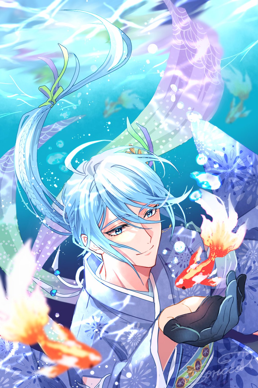 1boy air_bubble black_gloves blue_eyes blue_hair braid bubble edmond_(nu_carnival) gloves highres japanese_clothes kimono koi light_blue_hair long_hair long_sleeves looking_at_another low_ponytail male_focus mobugorilla nu_carnival smile solo underwater