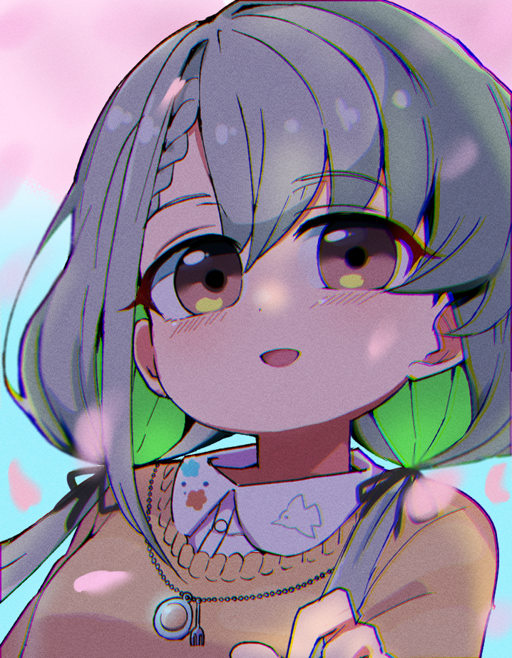 1girl :d bangs black_ribbon braid chromatic_aberration colored_inner_hair dress_shirt grey_hair hair_ribbon hand_up hisakawa_nagi idolmaster idolmaster_cinderella_girls jewelry light_green_hair long_hair looking_at_viewer low_twintails multicolored_hair necklace open_mouth petals pink_eyes ribbon sasaki_rindou shirt smile solo twintails undershirt upper_body white_shirt