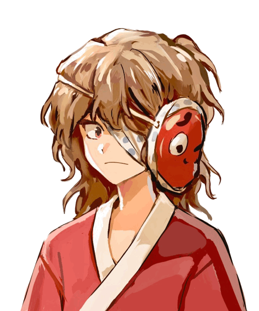1other ametsukana_yago androgynous bandage_over_one_eye brilliant_pagoda_or_haze_castle brown_hair closed_mouth commentary_request frown hemo_(hemoroda) japanese_clothes kimono len'en long_hair mask mask_on_head portrait red_eyes red_kimono simple_background solo white_background