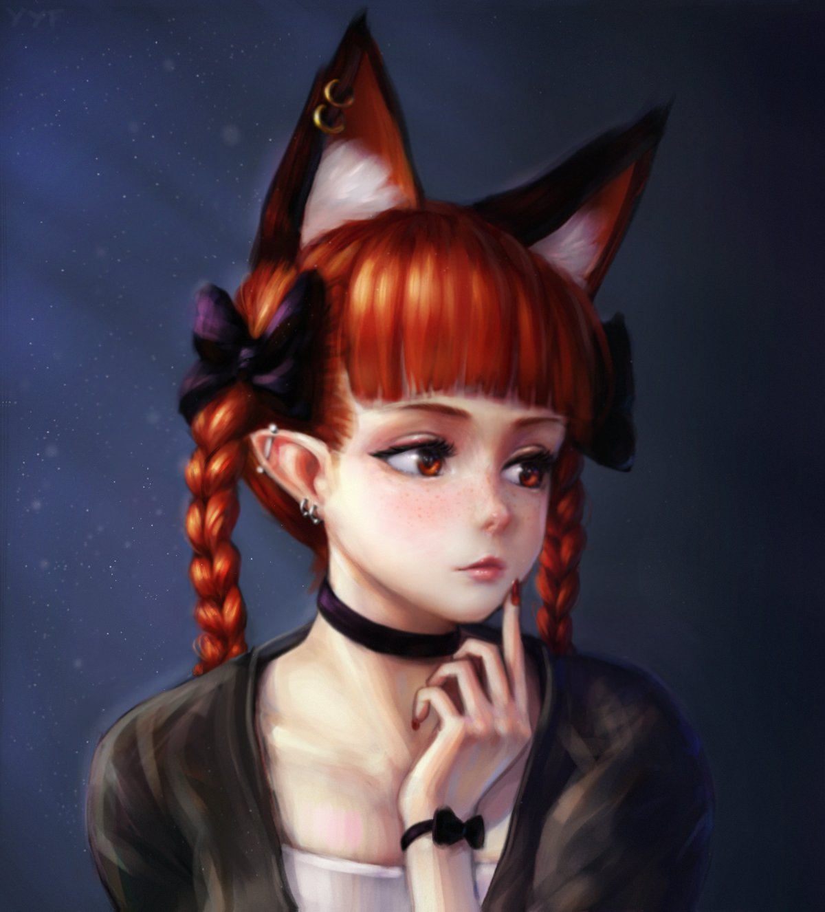 1girl animal_ears bangs blunt_bangs braid cat_ears choker collarbone ear_piercing freckles hand_up highres kaenbyou_rin leaning_forward light_smile looking_to_the_side nail_polish piercing puffy_short_sleeves puffy_sleeves red_eyes red_nails redhead self_upload short_sleeves solo touhou twin_braids upper_body yyf_(seaknight)