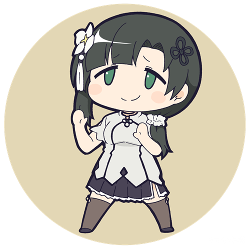 1girl artist_name assault_lily bangs black_footwear black_hair black_skirt blunt_bangs blush brown_background brown_thighhighs chibi circle closed_mouth commentary_request flower flower_knot full_body green_eyes hair_flower hair_ornament hair_scrunchie hands_up long_hair looking_at_viewer low_ponytail lowres masaki_itsuki miniskirt no_pupils open_hands raised_eyebrows round_image scrunchie shirt shoes short_sleeves side_ponytail side_slit simple_background skirt smile solo standing tassel tassel_hair_ornament thigh-highs transparent_background wang_yujia white_flower white_scrunchie white_shirt zettai_ryouiki