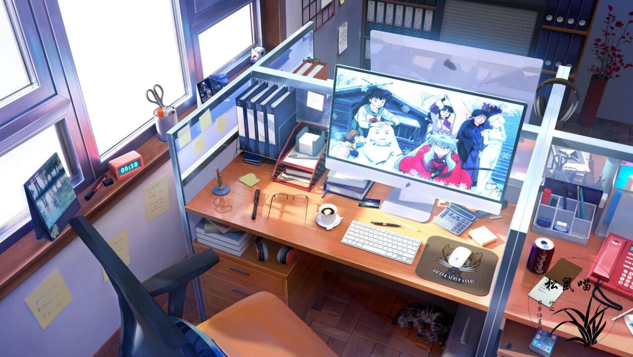 animal can cat cellphone chair computer desk folder headphones indoors inuyasha keyboard_(computer) monitor mouse_(computer) no_humans office original paper phone scenery scissors smartphone soda_can sticky_note xingzhi_lv