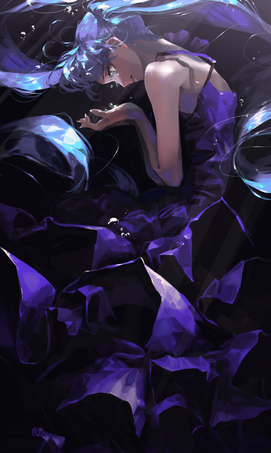 1girl asymmetrical_sleeves bangs bare_arms black_theme blue_eyes blue_hair blue_theme crying crying_with_eyes_open dress floating_hair from_side hands_up hatsune_miku highres long_hair mallllma profile purple_dress purple_theme shinkai_shoujo_(vocaloid) sleeveless sleeveless_dress solo spaghetti_strap tears twintails underwater very_long_hair vocaloid