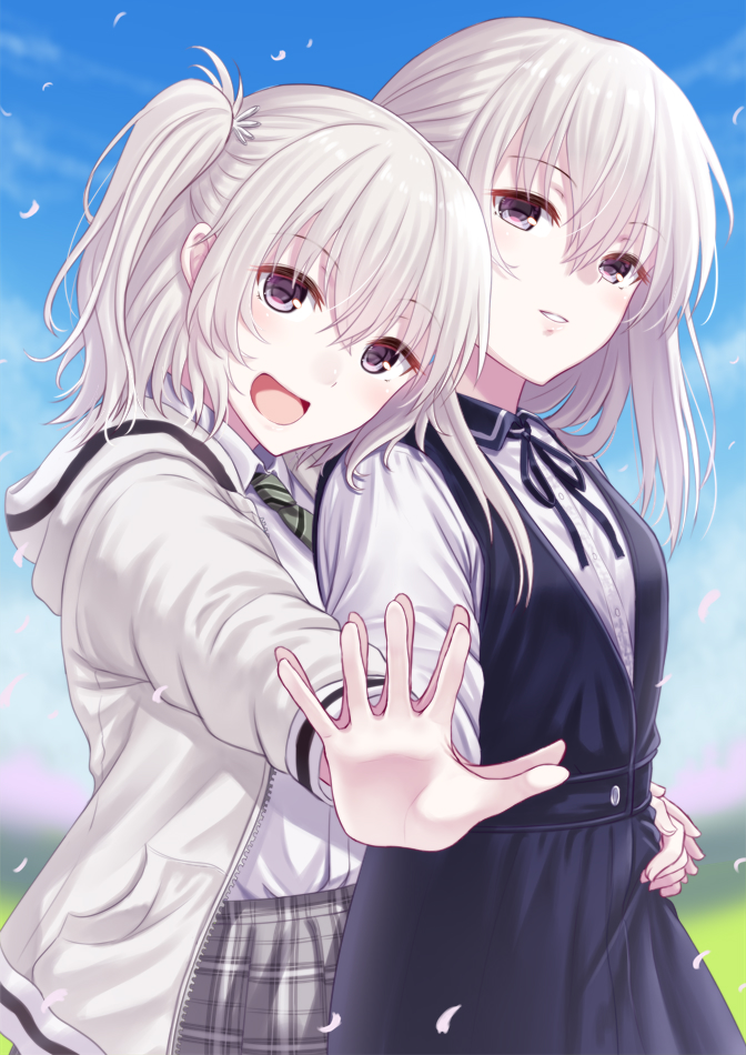 2girls :d ai_(re:lief) black_dress black_ribbon cardigan collared_shirt day dress dress_shirt green_necktie grey_eyes grey_skirt hooded_cardigan hug hug_from_behind long_hair long_sleeves looking_at_viewer mizunashi_hayate multiple_girls neck_ribbon necktie open_cardigan open_clothes outdoors parted_lips pinafore_dress plaid plaid_skirt re:lief_~shin'ai_naru_anata_e~ ribbon shiny shiny_hair shirt skirt smile striped_necktie twintails white_cardigan white_hair white_shirt wing_collar yuu_(re:lief)