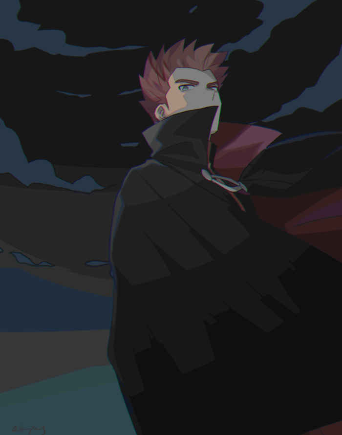 1boy black_cape cape clouds commentary_request grey_eyes lance_(pokemon) looking_down male_focus night outdoors pokemon pokemon_(game) pokemon_hgss popped_collar redhead short_hair sky solo spiky_hair twitter_username y_(036_yng)