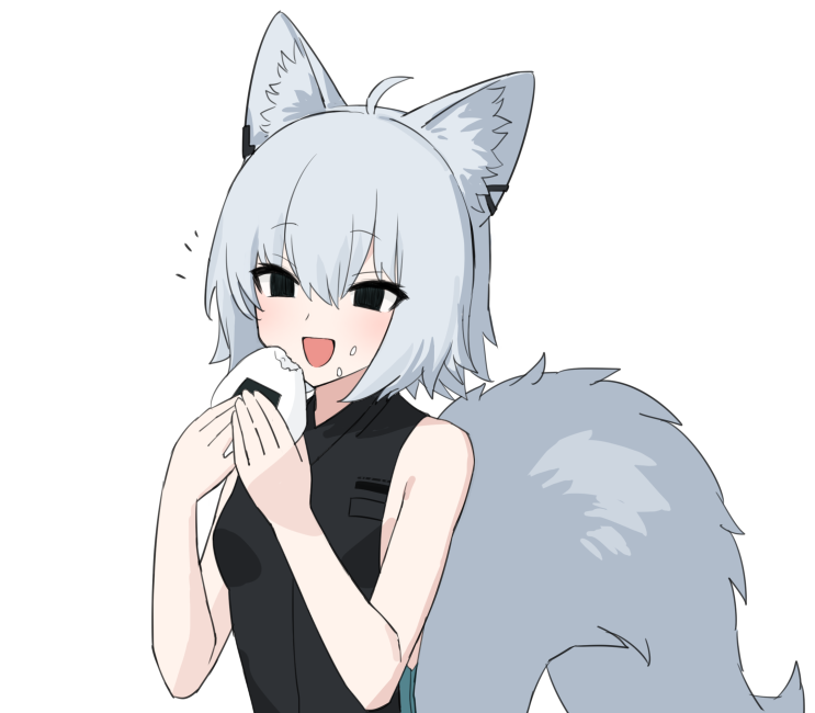 1girl :d ahoge animal_ears bad_link bangs bare_arms black_eyes black_shirt chorefuji commentary_request eating food food_on_face fox_ears fox_girl fox_tail grey_hair hair_between_eyes hands_up happy holding holding_food notice_lines onigiri open_mouth original rice rice_on_face shirt short_hair simple_background sleeveless sleeveless_shirt smile solo tail upper_body white_background