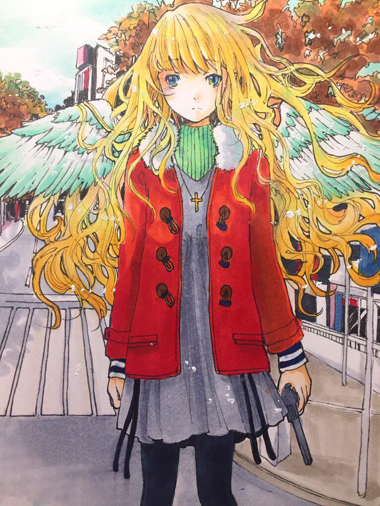 1girl angel_wings autumn bangs black_pantyhose blonde_hair blue_eyes closed_mouth cross cross_necklace day dress expressionless floating_hair fur-trimmed_jacket fur_trim green_scarf grey_dress gun handgun holding holding_gun holding_weapon jacket jewelry long_hair long_sleeves looking_at_viewer marker_(medium) necklace original outdoors pantyhose red_jacket scarf solo traditional_media tree weapon wind wings yuki_nagi
