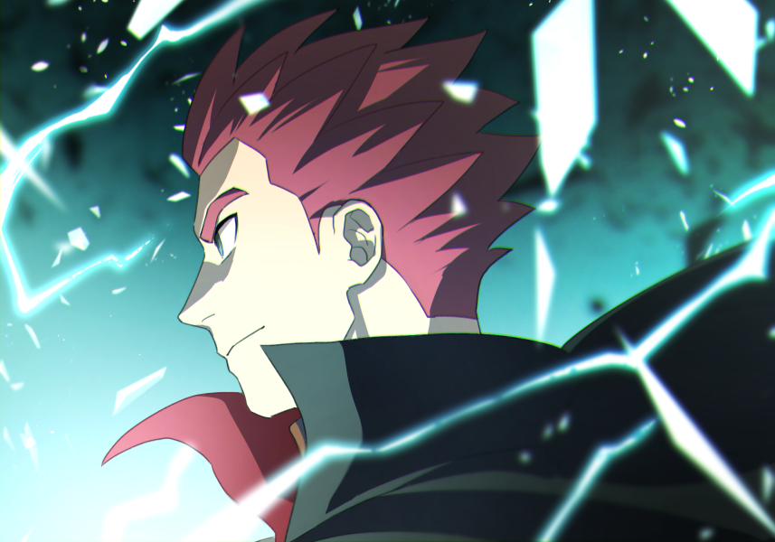 1boy black_cape blurry cape closed_mouth commentary_request electricity from_side green_background grey_eyes lance_(pokemon) male_focus pokemon pokemon_(game) pokemon_hgss popped_collar portrait redhead short_hair solo spiky_hair y_(036_yng)