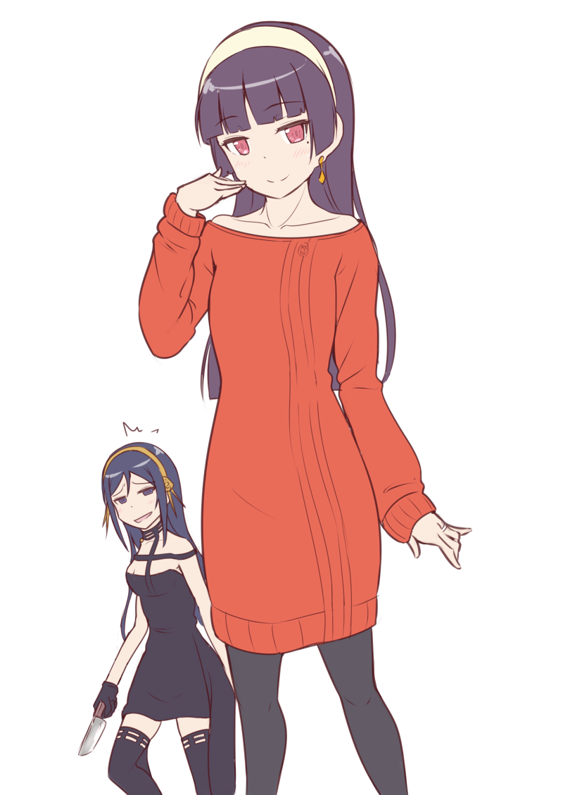 2girls aragaki_ayase black_dress black_hair black_thighhighs commentary_request cosplay cowboy_shot dress earrings feet_out_of_frame gokou_ruri gold_earrings gold_hairband hairband jewelry knife long_hair looking_at_viewer multiple_girls off-shoulder_sweater off_shoulder ore_no_imouto_ga_konna_ni_kawaii_wake_ga_nai red_dress red_eyes red_sweater simple_background spy_x_family standing sweater sweater_dress takatsuki_akira thigh-highs white_background white_hairband yor_briar yor_briar_(cosplay)