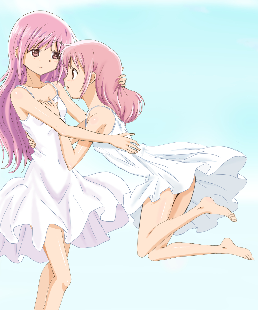 2girls alternate_hairstyle bangs barefoot character_request closed_mouth dress feet gradient gradient_background hair_down highres kaname_madoka kinfuji long_hair mahou_shoujo_madoka_magica multiple_girls open_mouth pink_eyes pink_hair simple_background smile white_dress yuri