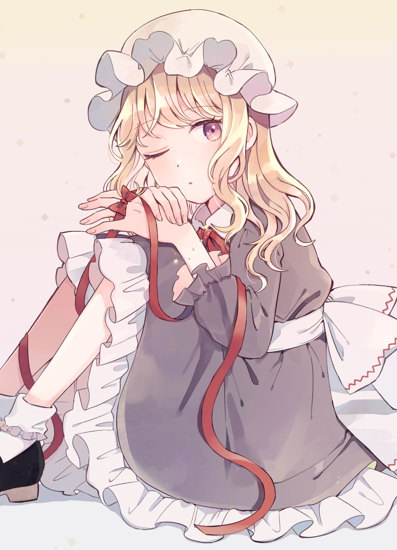 1girl back_bow black_footwear blonde_hair blush bow collared_dress commentary_request cover cover_page doujin_cover dress foot_out_of_frame frilled_dress frills hat long_hair long_sleeves looking_at_viewer maribel_hearn mob_cap mozukuzu_(manukedori) neck_ribbon one_eye_closed purple_dress red_bow red_ribbon ribbon shoes sitting socks solo touhou violet_eyes white_bow white_hair white_socks