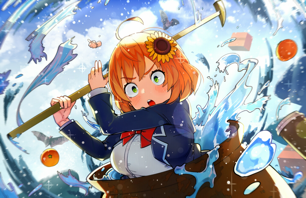 1girl ahoge blush bow box cardboard_box flower food fruit getting_over_it hair_flower hair_ornament hammer honma_himawari in_pot long_sleeves nijisanji open_mouth orange_(fruit) orange_hair red_bow sakurai_energy shirt solo teeth upper_body upper_teeth virtual_youtuber water white_shirt