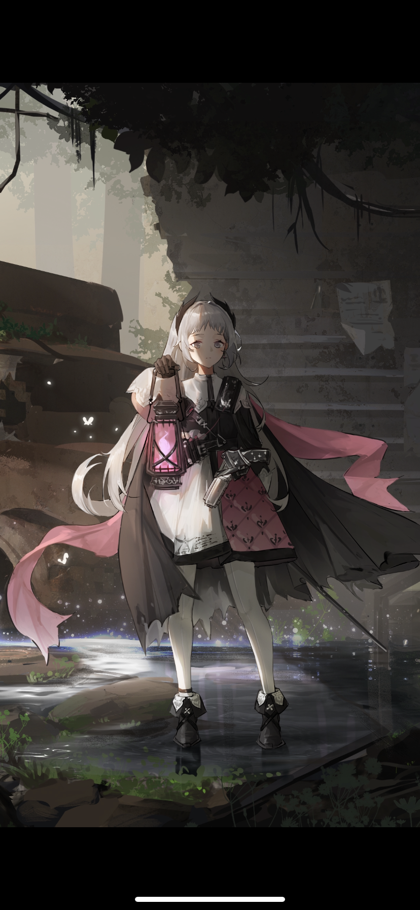 1girl ammunition_belt ankle_boots arknights belt black_footwear black_gloves boots bug capelet car closed_mouth full_body gloves grey_eyes grey_hair ground_vehicle gun head_wings high-waist_skirt highres holding holding_lantern holding_sword holding_weapon irene_(arknights) lantern layered_skirt letterboxed long_hair long_sleeves looking_at_viewer moth motor_vehicle outdoors print_skirt purple_skirt rapier ruins siyu_csy skirt solo standing sword very_long_hair weapon white_capelet white_skirt